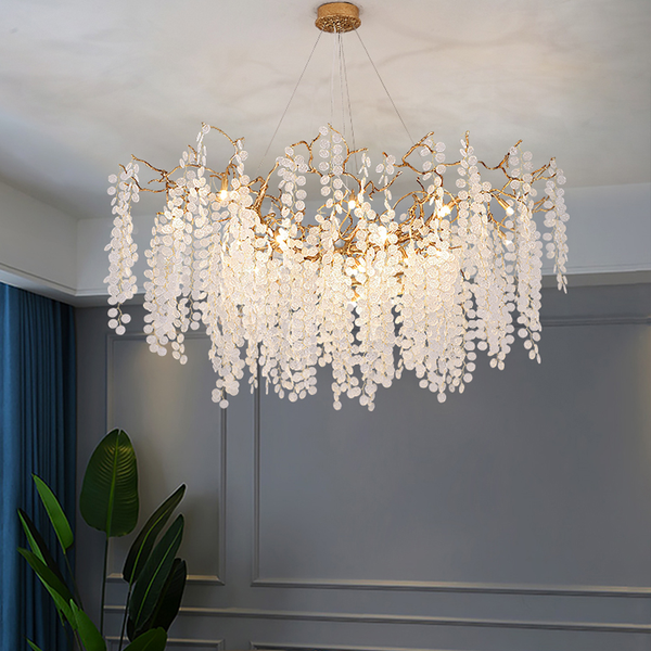 Brass Branch Chandelier with Rippled Crystal Drops