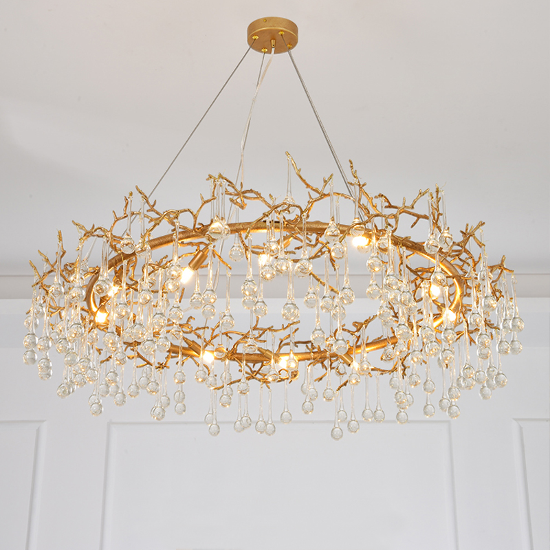 Brass Branch Ring Chandelier with Crystal Bead Strands
