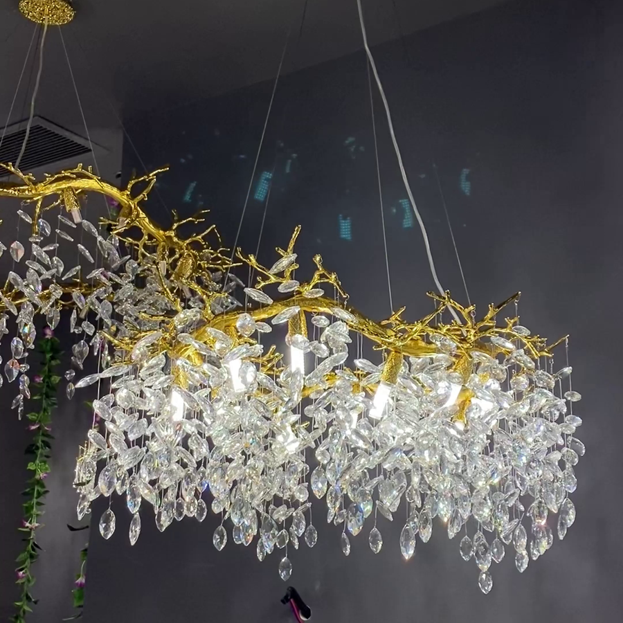 Brass Branch Ring Chandelier with Crystal Leaves