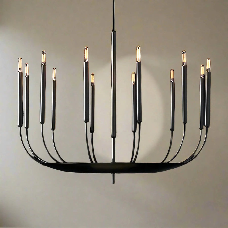 Brass Candle Tube Cluster Chandelier with Forged Bowl