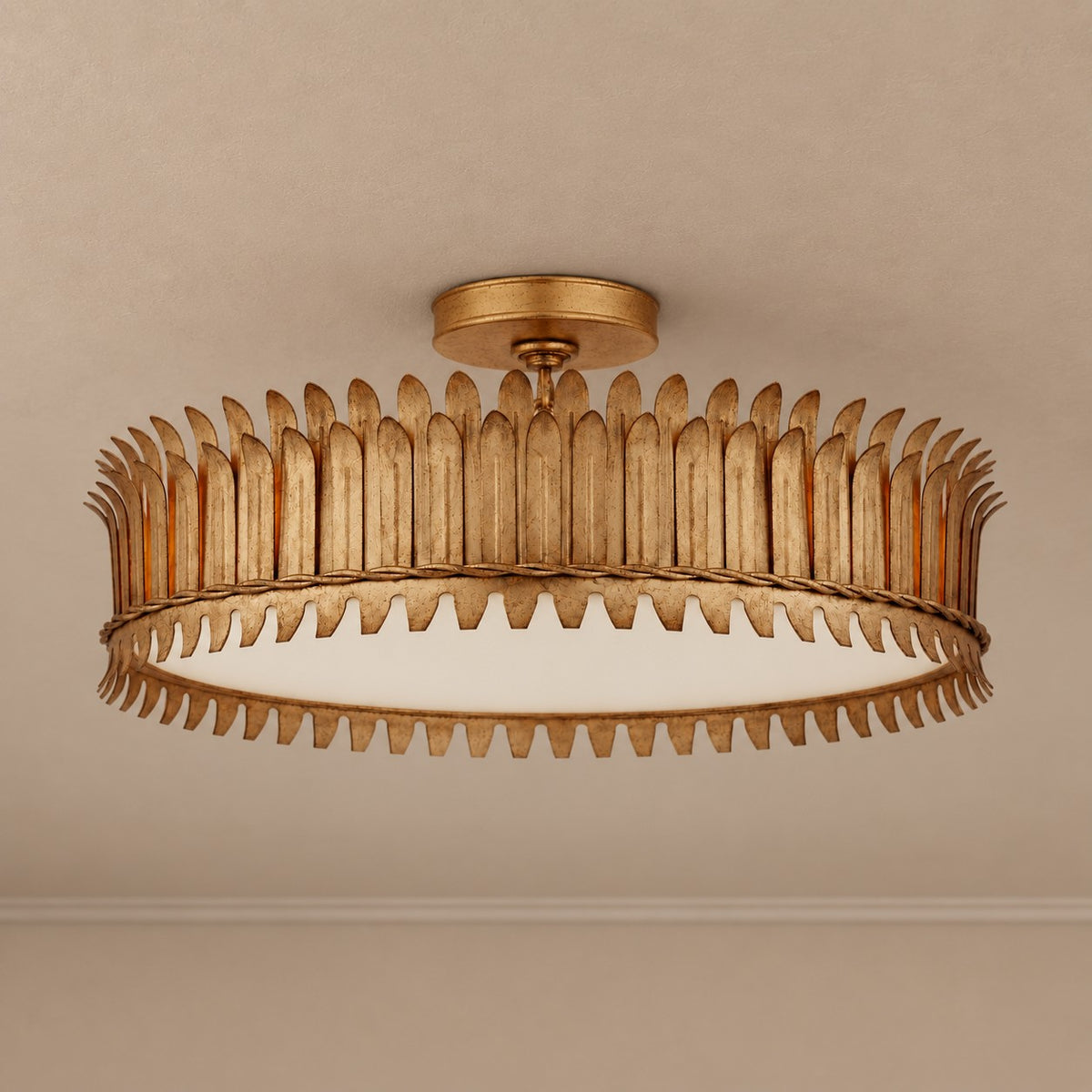 Brass Leaf Crown Frosted Glass Flush Mount