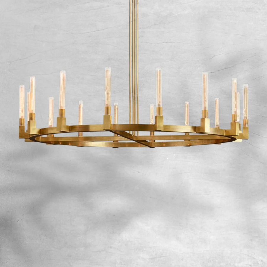 Brass Ring Chandelier with Faceted Glass Hurricanes