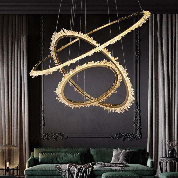 Brass Ring Chandelier with Raw Rock Crystal Clusters