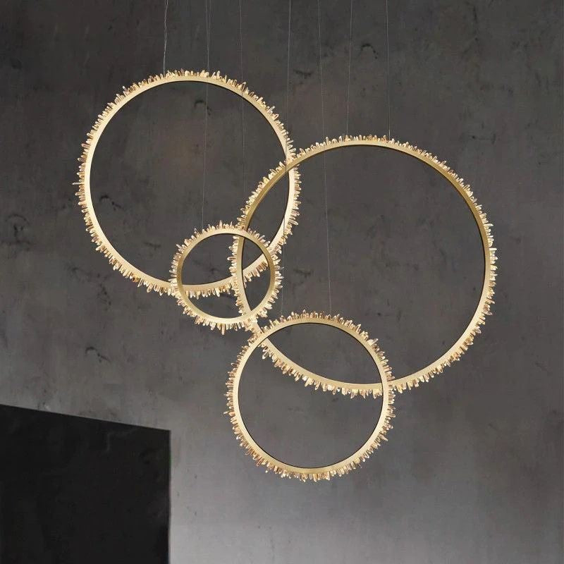 Brass Ring Chandelier with Rock Crystal Edges
