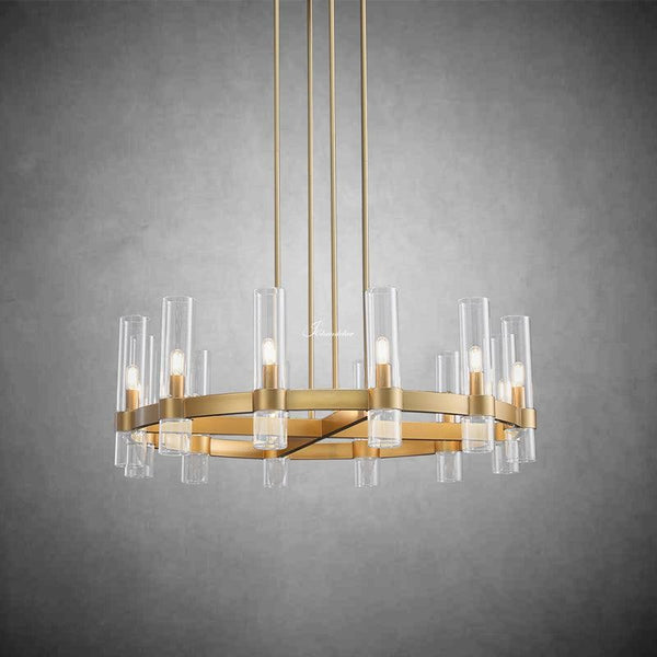 Brass Ring Chandelier with Slender Blown Glass Shades