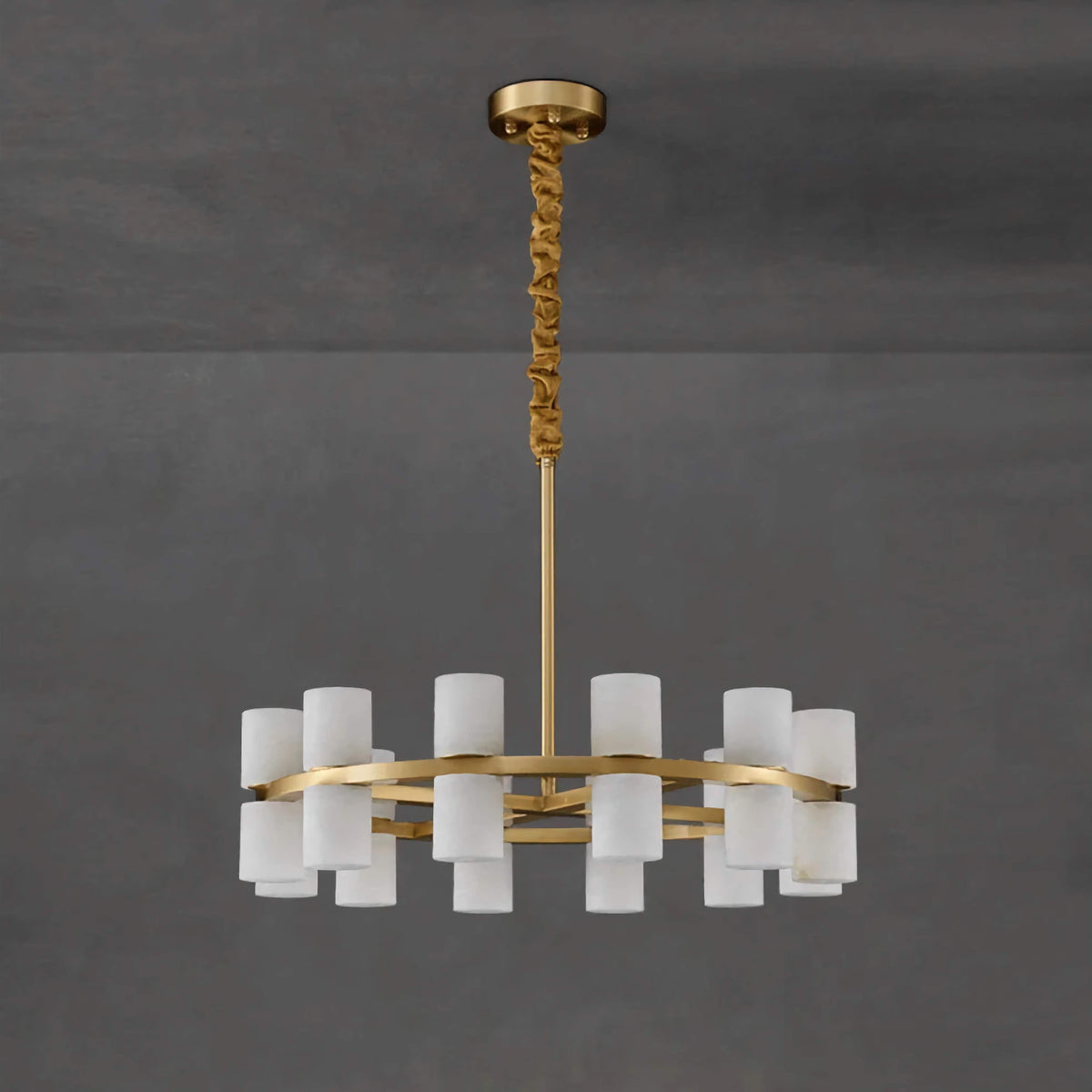 Brass Ring Chandelier with Upright Alabaster Cylinders