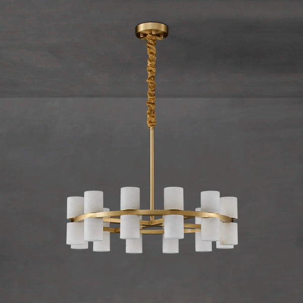 Brass Ring Chandelier with Upright Alabaster Cylinders