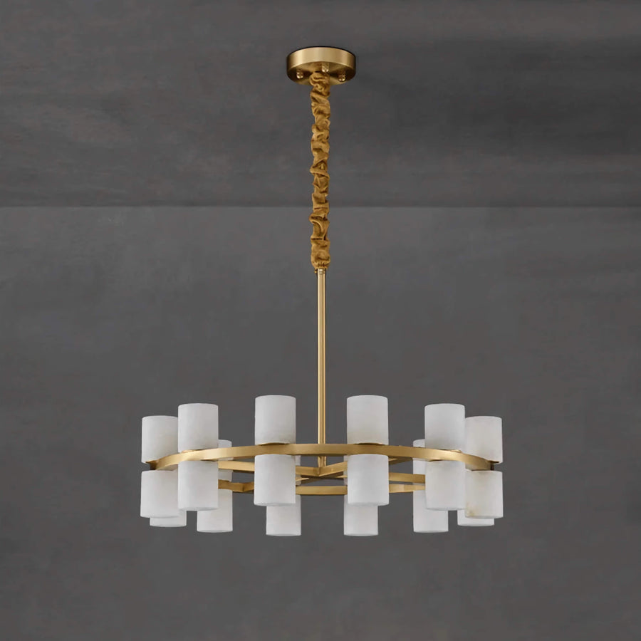 Brass Ring Chandelier with Upright Alabaster Cylinders