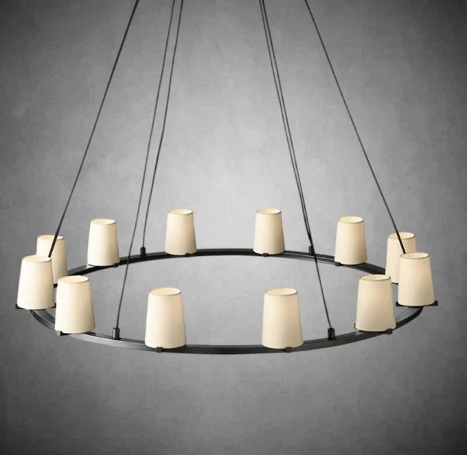 Brass X-Base Tapered Linen Shade Drum Chandelier