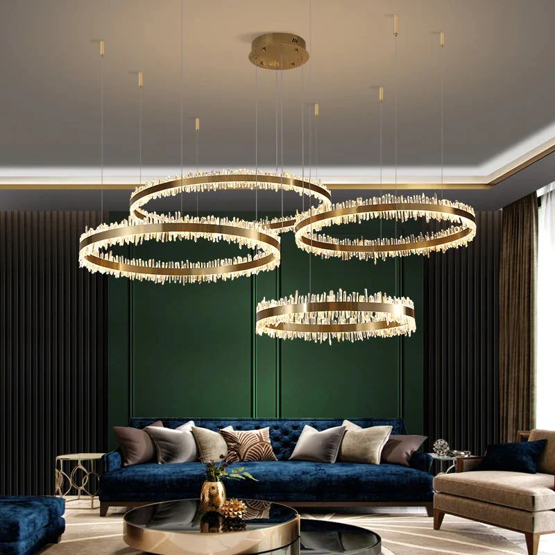 Brushed Gold Ring Chandelier with Quartz Crystal