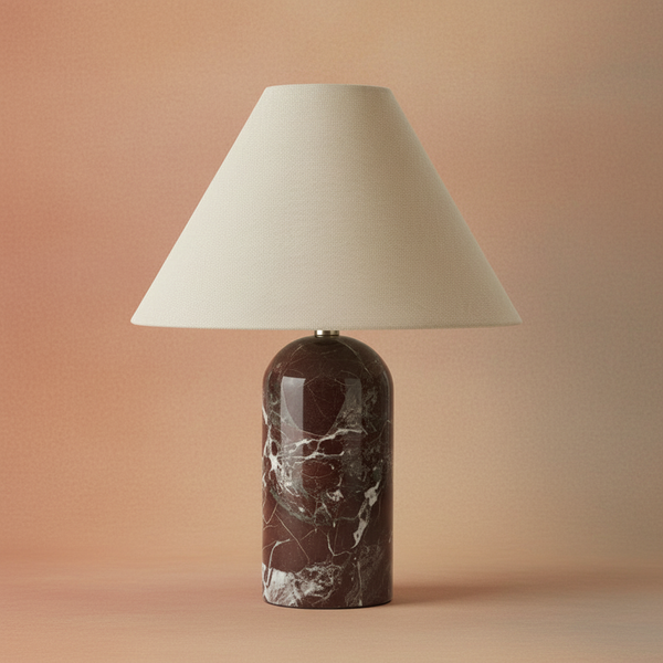 Burgundy Alabaster Cylinder Table Lamp with Linen Shade