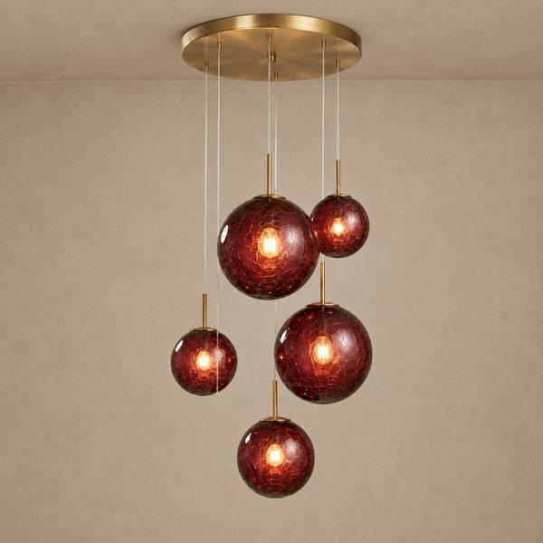 Burgundy Glass Cluster Pendant with Brass Frame