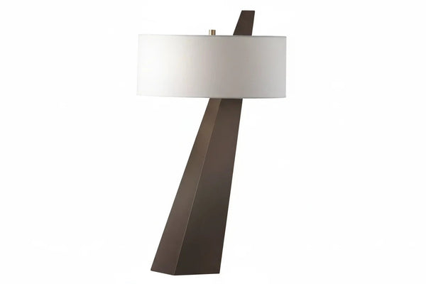 Cantilevered Dark Oak Table Lamp with Linen Drum Shade