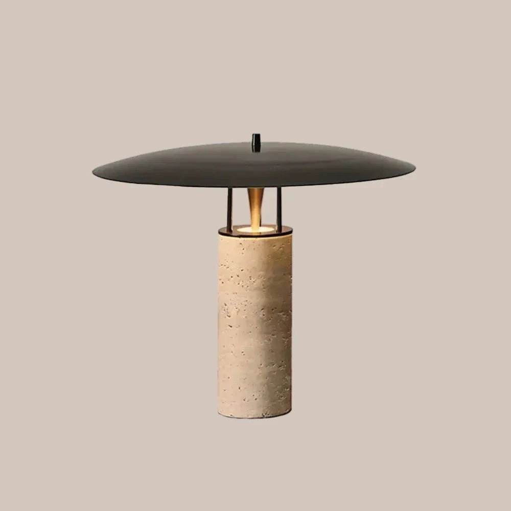 Cantilevered Iron Shade Travertine Base Table Lamp