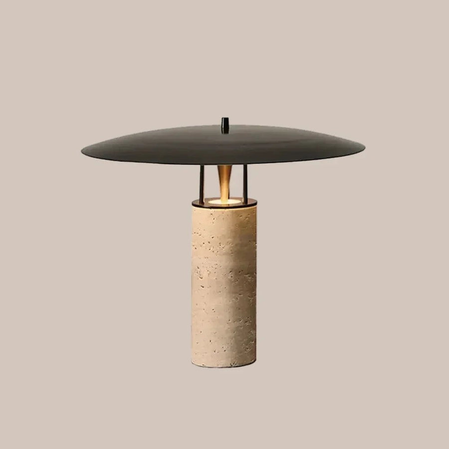 Cantilevered Iron Shade Travertine Base Table Lamp