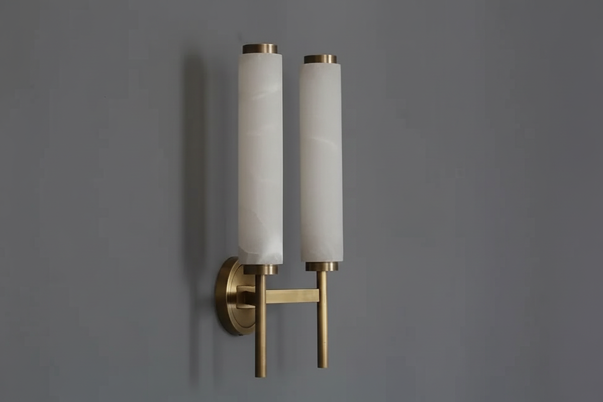 Carved Alabaster and Brass Up Down Wall Sconce