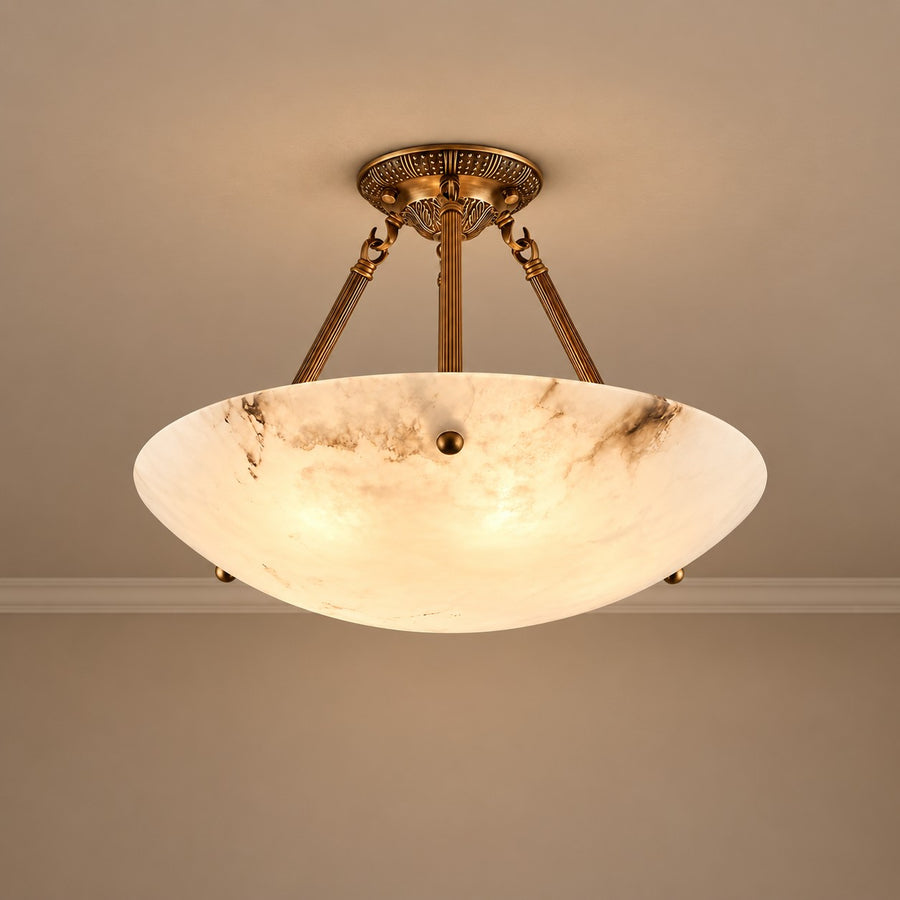 Carved Alabaster Bowl and Brass Chain Flush Mount