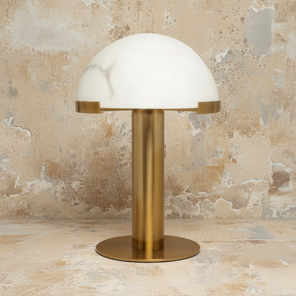 Carved Alabaster Dome and Brass Column Table Lamp