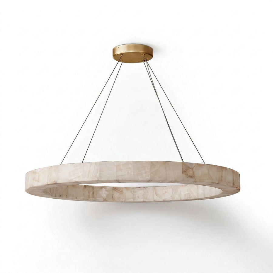Carved Alabaster Ring Chandelier with Steel Cables