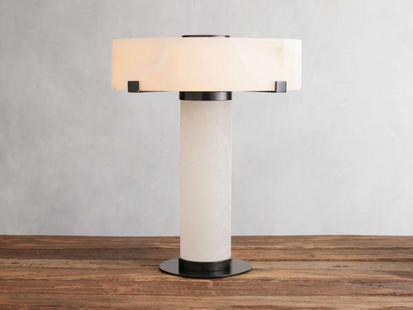 Carved Alabaster Shade Table Lamp with Bronze Iron Accents