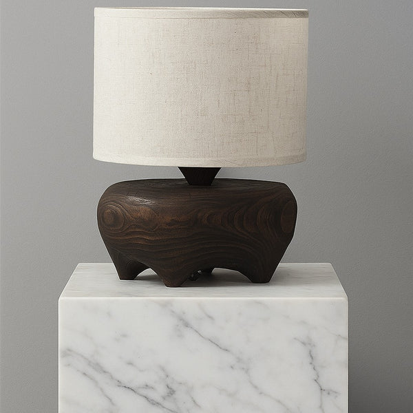 Carved Hardwood Table Lamp with Linen Drum Shade