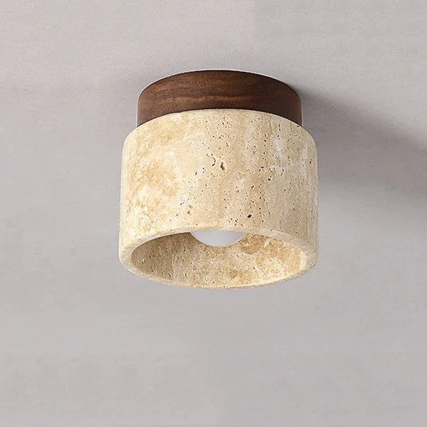 Carved Travertine Drum Flush Mount with Walnut Canopy