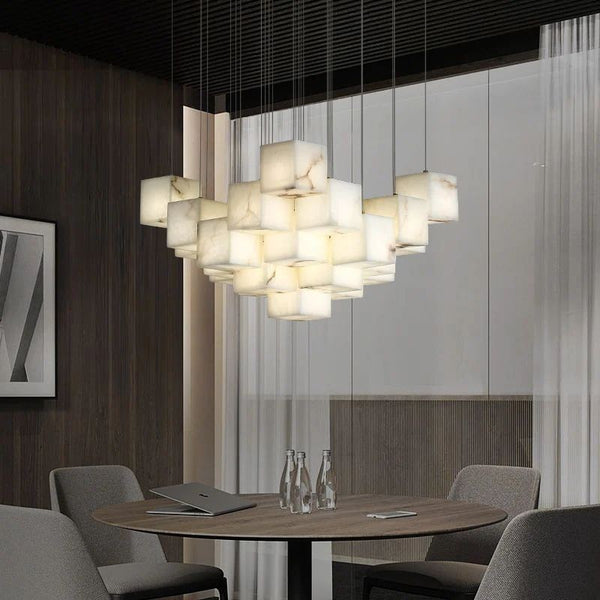 Cascading Alabaster Cube Cluster Steel Chandelier