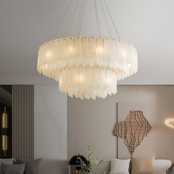 Cascading Alabaster Ring Tiers Brass Chandelier