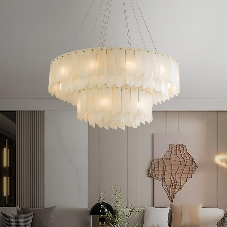 Cascading Alabaster Ring Tiers Brass Chandelier