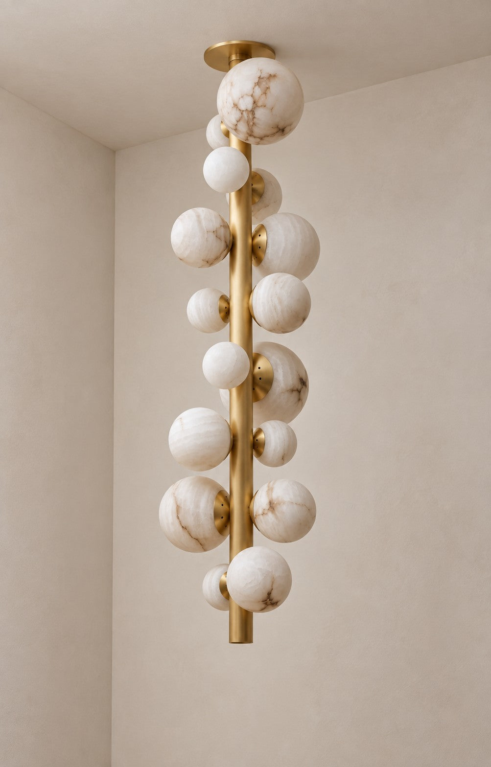 Cascading Alabaster Sphere and Brass Rod Chandelier