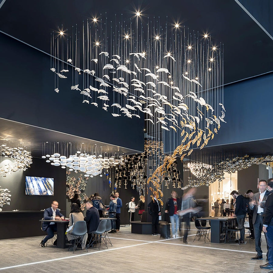 Cascading Blown Glass Feather Chrome Chandelier