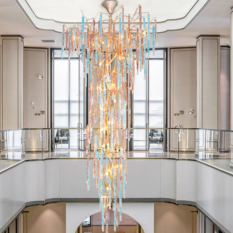 Cascading Brass Branch and Raindrop Crystal Chandelier