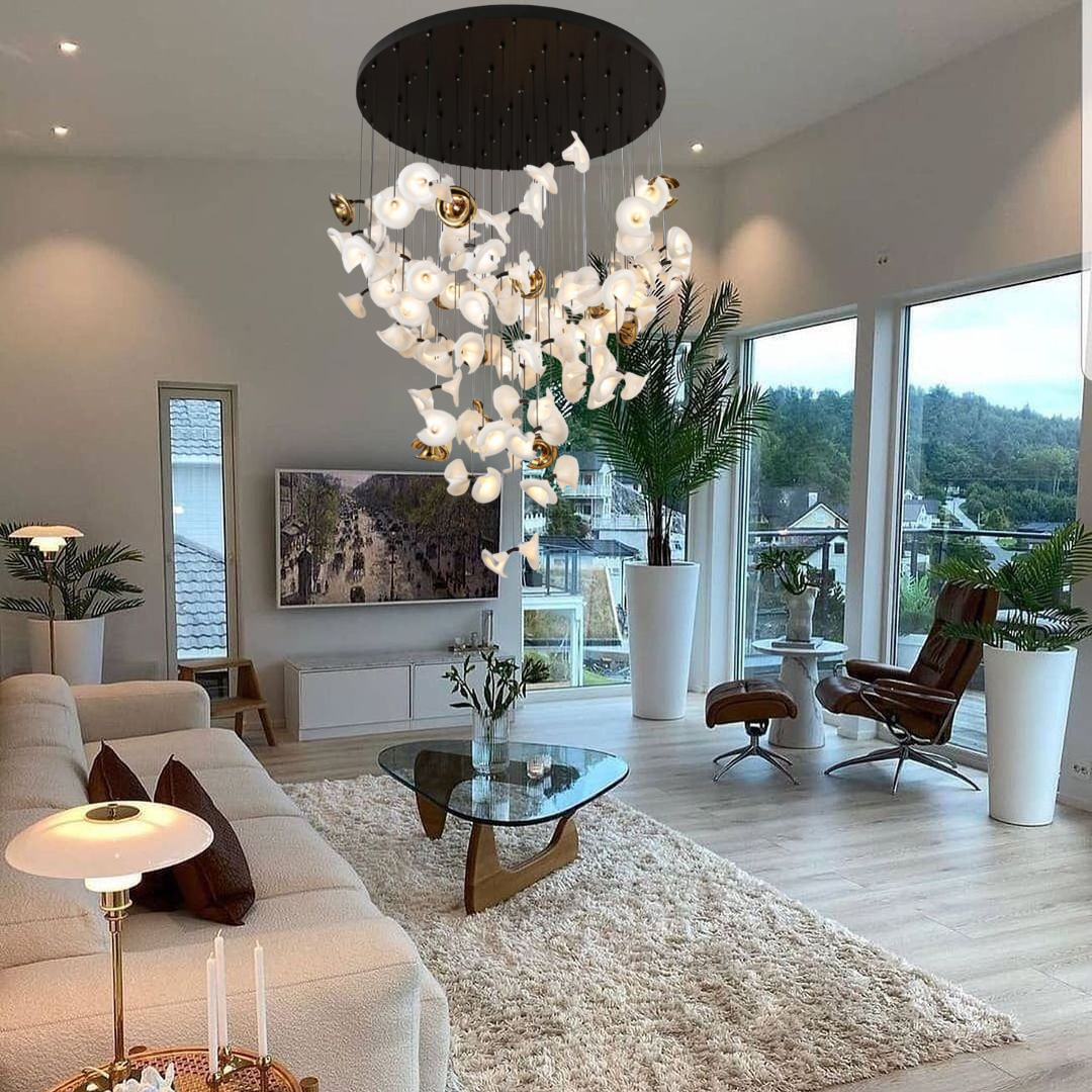 Cascading Ceramic Petunia Blossom Steel Chandelier