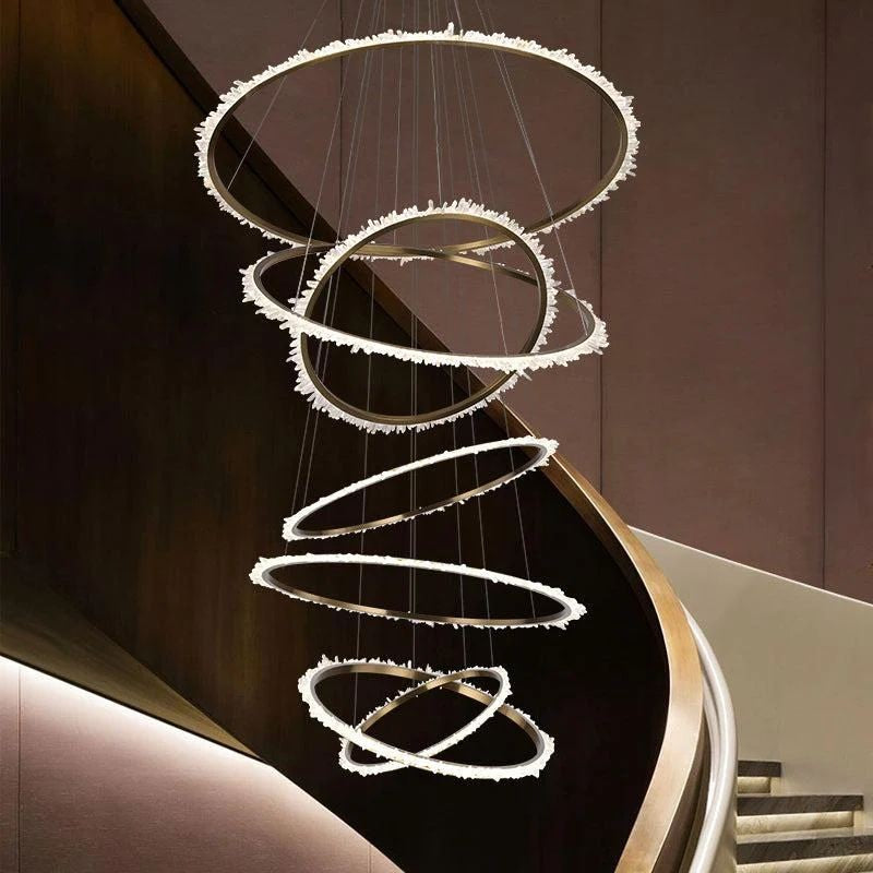 Cascading Concentric Ring Rock Crystal Brushed Gold Chandelier