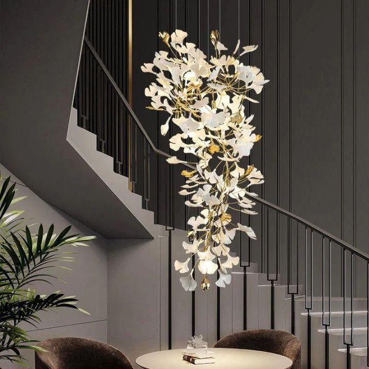 Cascading Copper Branch Ceramic Ginkgo Leaf Chandelier