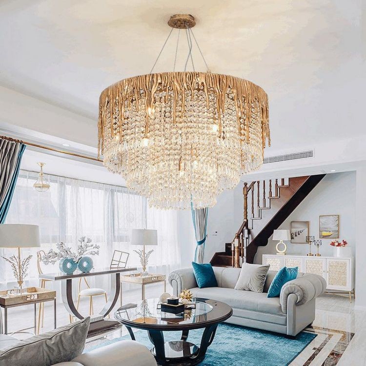 Cascading Cut Crystal and Brass Cluster Chandelier