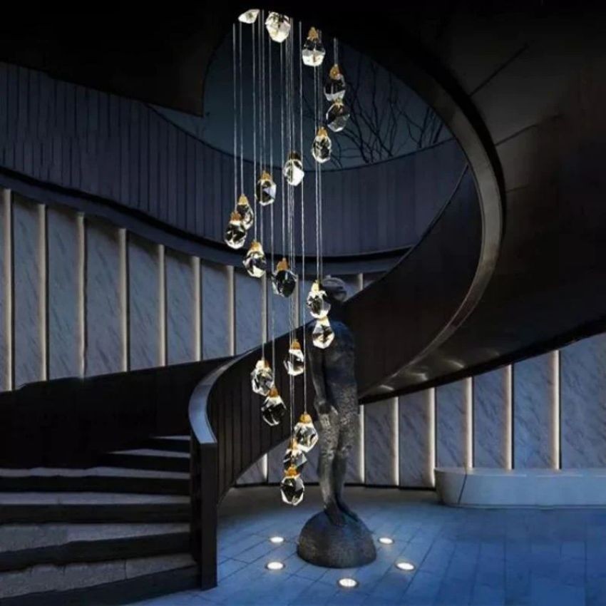 Cascading Faceted Crystal and Brass Chandelier