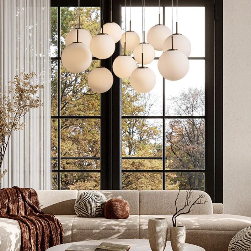 Cascading Glass Globe Cluster Brass Chandelier
