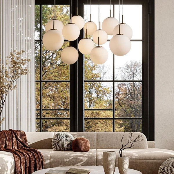 Cascading Glass Globe Cluster Brass Chandelier