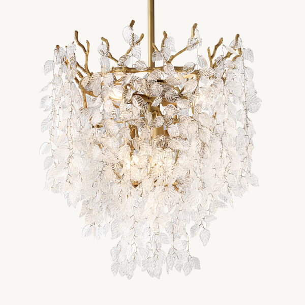 Cascading Glass Leaf Strings Aged Brass Chandelier