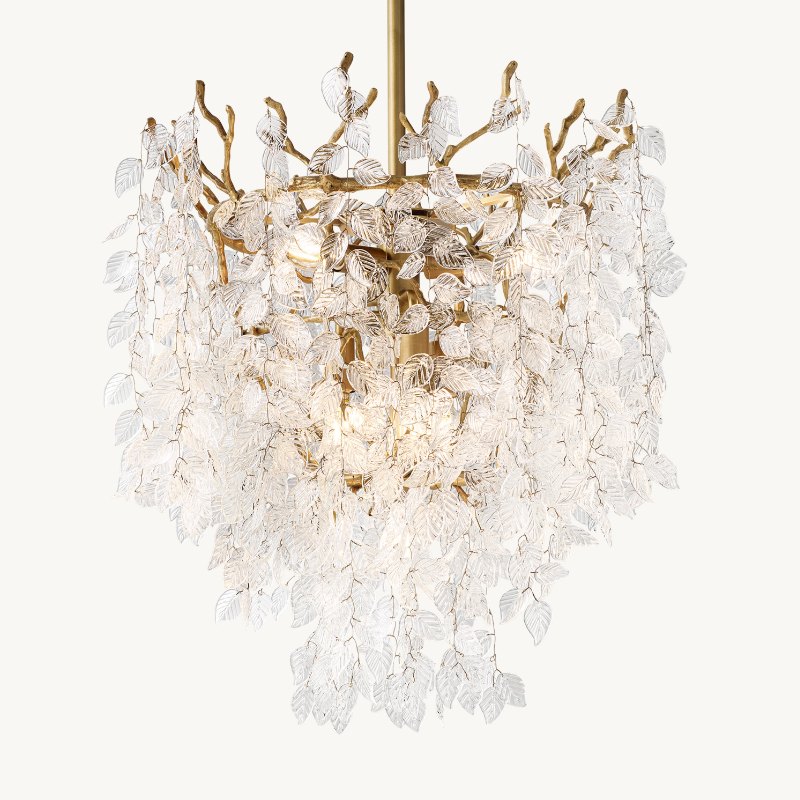Cascading Glass Leaf Strings Aged Brass Chandelier