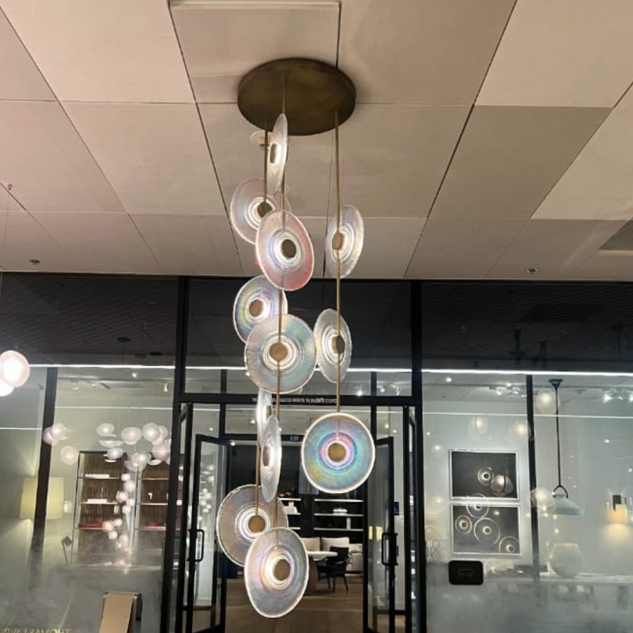 Cascading Glass Panel Brass Linear Chandelier