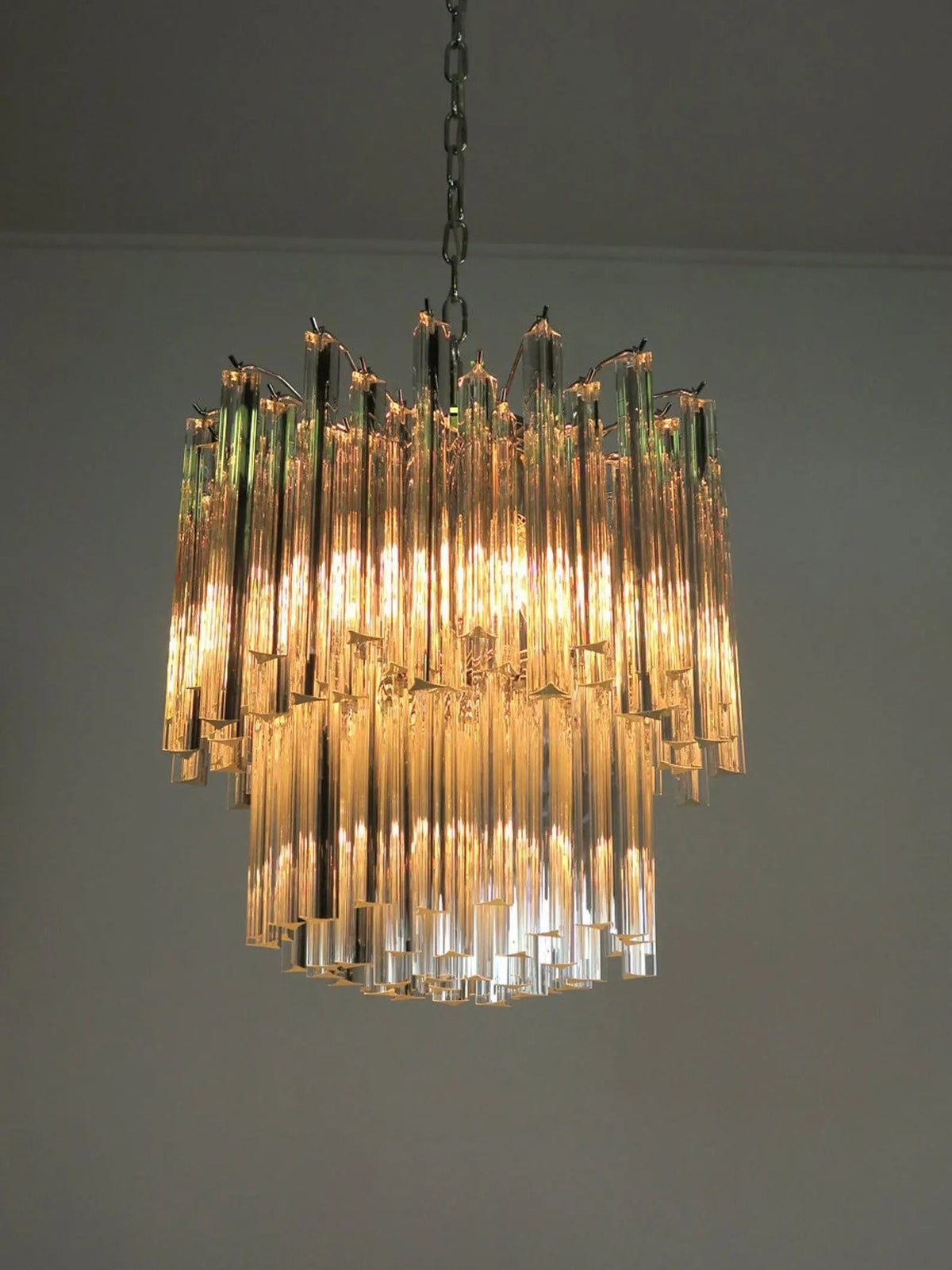 Cascading Glass Prism and Brass Chandelier