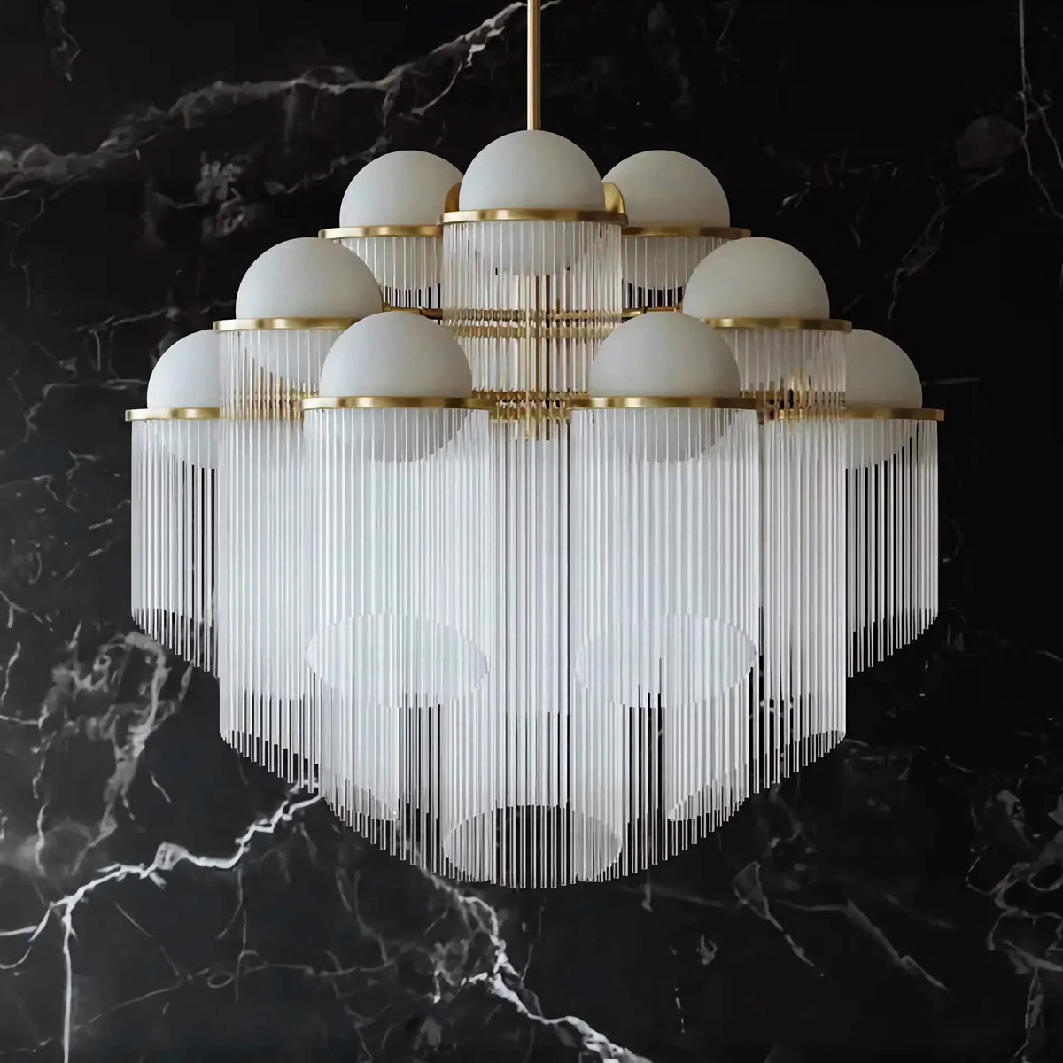 Cascading Glass Rod and Brass Cluster Chandelier