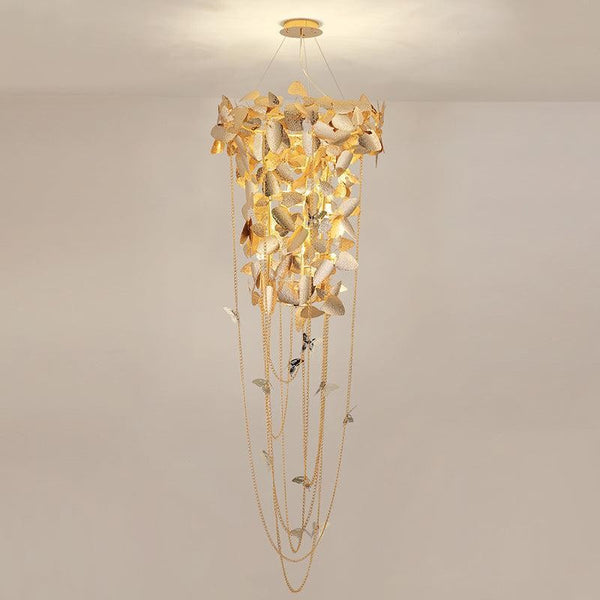 Cascading Gold Metal Leaf Chandelier with Butterflies
