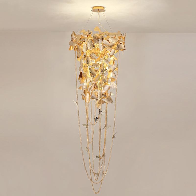 Cascading Gold Metal Leaf Chandelier with Butterflies