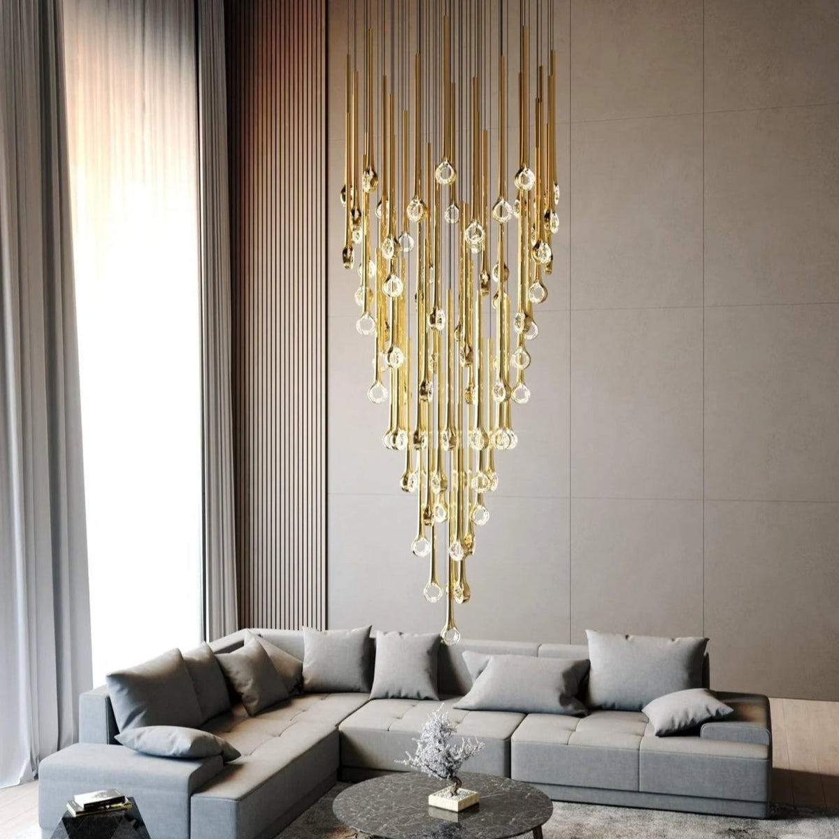 Cascading Gold Steel and Acrylic Linear Pendant