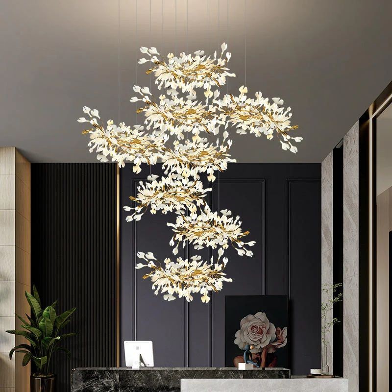 Cascading Porcelain Ginkgo Leaf and Brass Chandelier