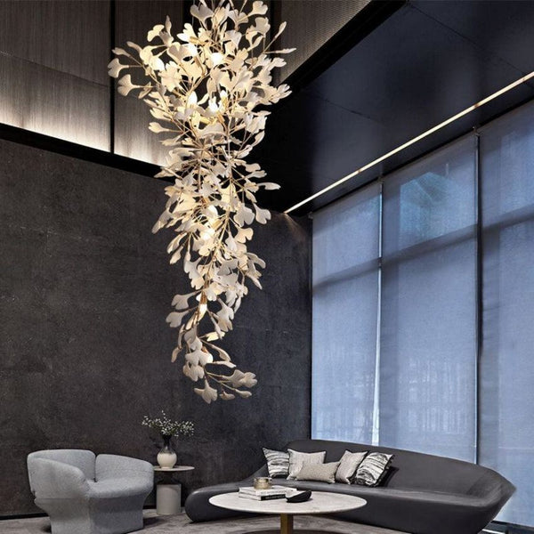 Cascading Porcelain Ginkgo Leaf Brass Branch Chandelier