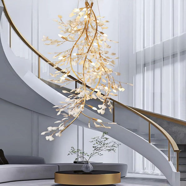 Cascading Porcelain Ginkgo Leaf Brass Chandelier